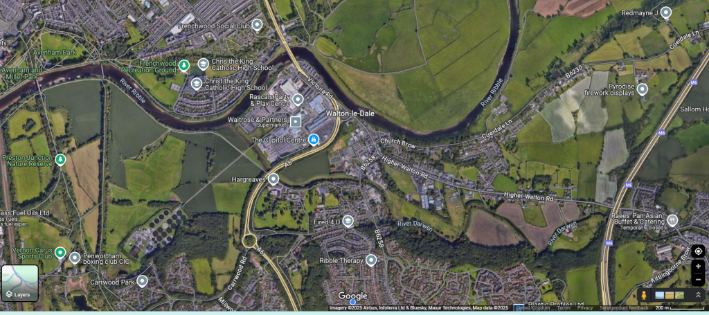 A map of Walton le Dale showing the River Ribble